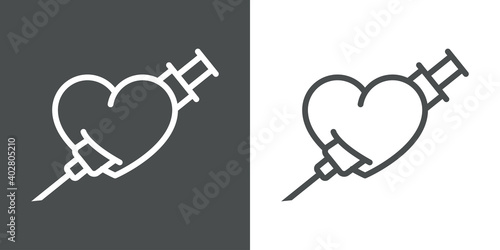 I love Vaccine. Logotipo con corazón atravesado por jeringuilla con lineas en fondo gris y fondo blanco