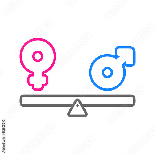 Igualdad de género. Logotipo símbolo femenino y masculino en balanza con lineas en azul y rosa