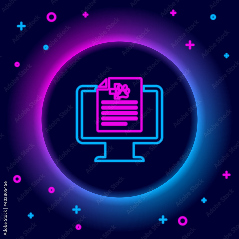 Glowing neon line Medical clinical record pet on monitor icon isolated on black background. Health insurance form. Prescription, medical check marks report. Colorful outline concept. Vector. Glowing neon line Medical clinical record pet on monitor icon isolated on black background. Health insurance form. Prescription, medical check marks report. Colorful outline concept. Vector.