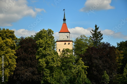 Ein spitzer Glockenturm in einem Wald