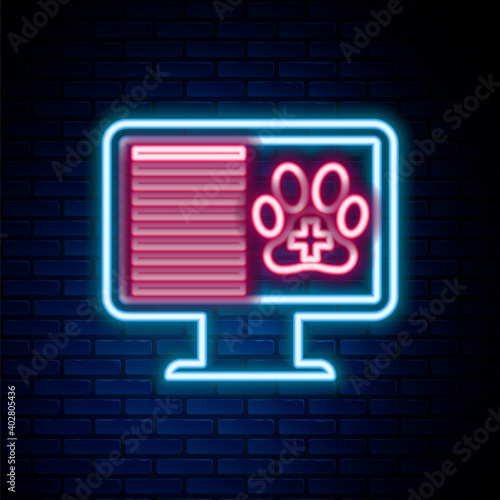 Glowing neon line Medical clinical record pet on monitor icon isolated on brick wall background. Health insurance form. Prescription, medical check marks report. Colorful outline concept. Vector.