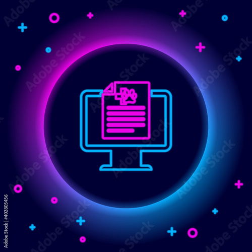 Glowing neon line Medical clinical record pet on monitor icon isolated on black background. Health insurance form. Prescription, medical check marks report. Colorful outline concept. Vector.