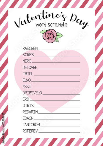 Valentine's Day word scramble. Educational logic game for learning English. Party card. Printable worksheet. Vector eps 10