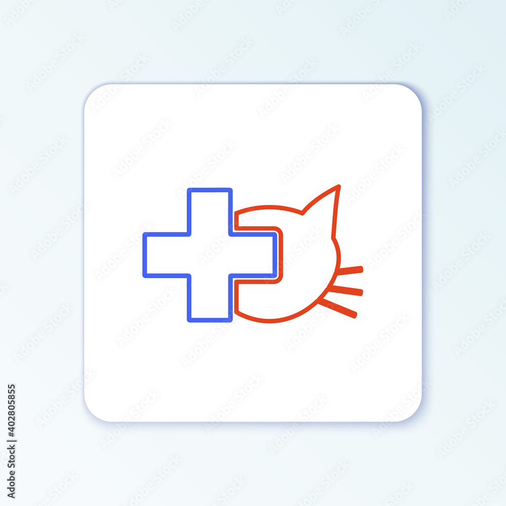 Obraz premium Line Veterinary clinic symbol icon isolated on white background. Cross with cat veterinary care. Pet First Aid sign. Colorful outline concept. Vector.