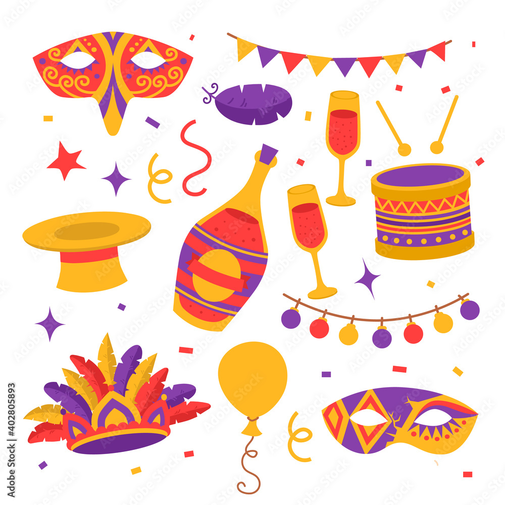 Flat color carnival elements and symbols on white background