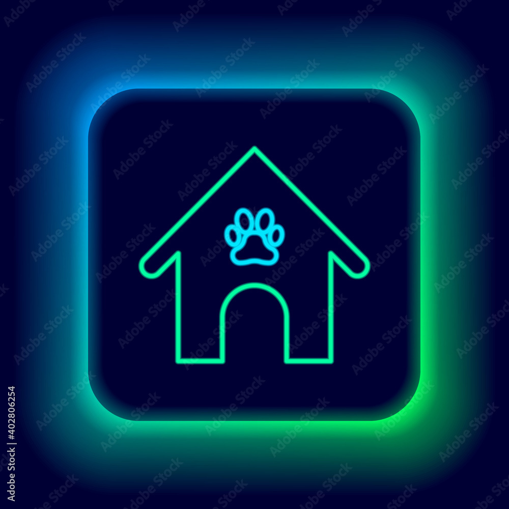 Glowing neon line Dog house and paw print pet icon isolated on black background. Dog kennel. Colorful outline concept. Vector.