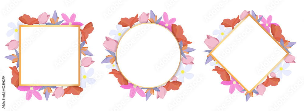 Tropical flowers set around a white frame copy space. Bright abstract background for banner, flyer or cover with copy space for text or emblem