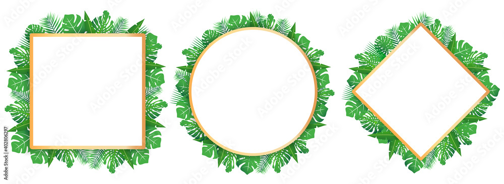 Tropical leaves set around a white rectangle box copy space. Bright abstract background for banner, flyer or cover with copy space for text or emblem