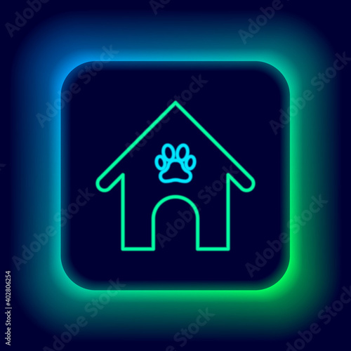 Glowing neon line Dog house and paw print pet icon isolated on black background. Dog kennel. Colorful outline concept. Vector.