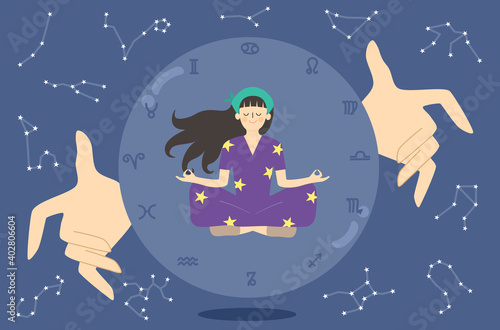 Female fortuneteller is focusing with crystal ball.