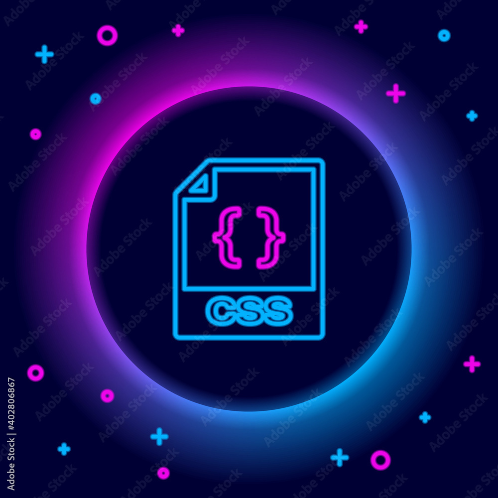 Glowing neon line CSS file document. Download css button icon isolated on black background. CSS file symbol. Colorful outline concept. Vector. Glowing neon line CSS file document. Download css button icon isolated on black background. CSS file symbol. Colorful outline concept. Vector.