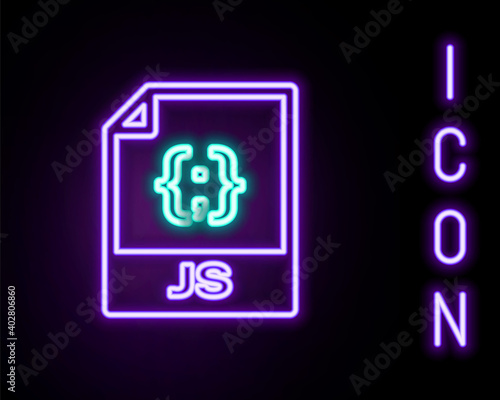 Glowing neon line JS file document. Download js button icon isolated on black background. JS file symbol. Colorful outline concept. Vector.