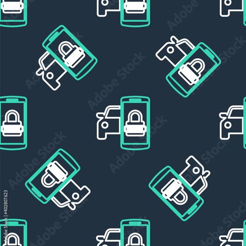 Line Smart car security system icon isolated seamless pattern on black background. The smartphone controls the car security on the wireless. Vector.