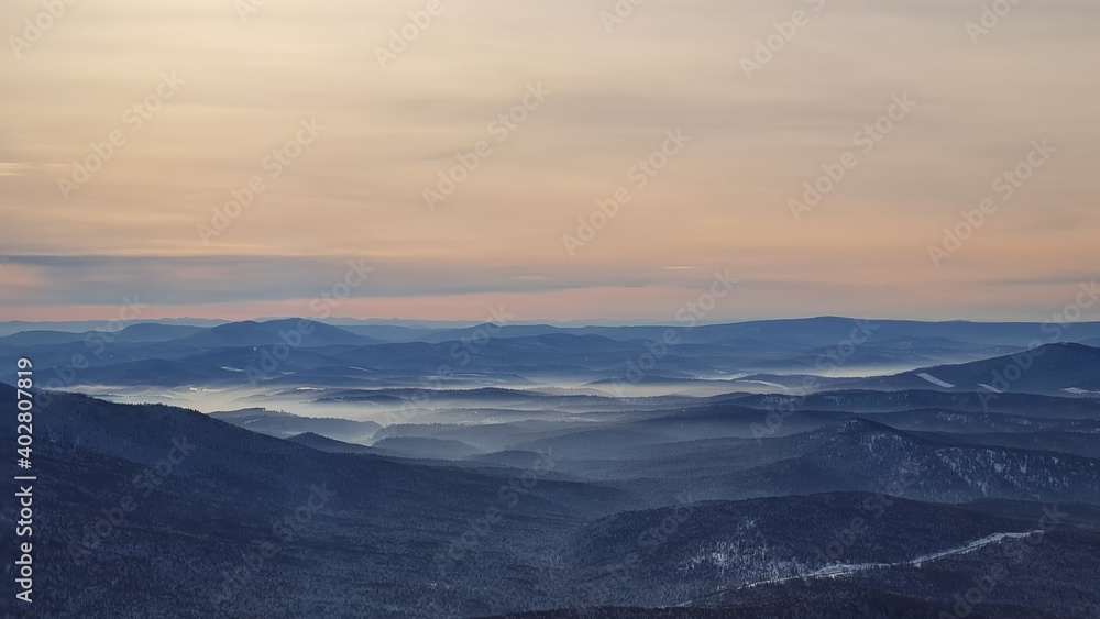 Foggy landscape in the Romanian Carpathians.