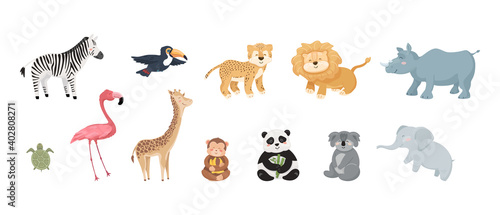 Fototapeta Naklejka Na Ścianę i Meble -  Set of cute wild baby animals and birds. Big collection of zoo characters in cartoon style isolated on white background. Vector illustrations, design concept. Template for kids textile, stickers.