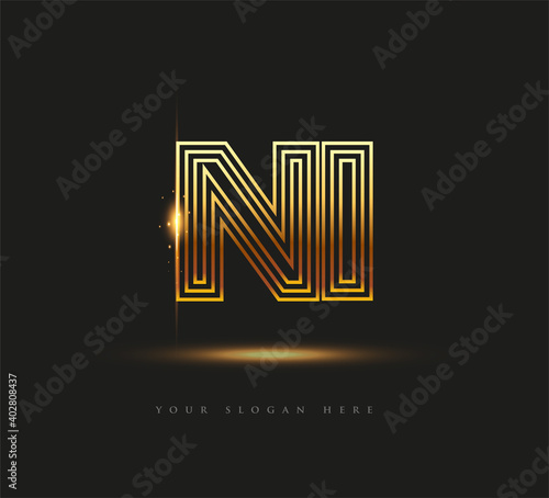 Initial Logo Letter NI, Bold Logotype Company Name Colored Gold, Elegant Design. isolated on black background.