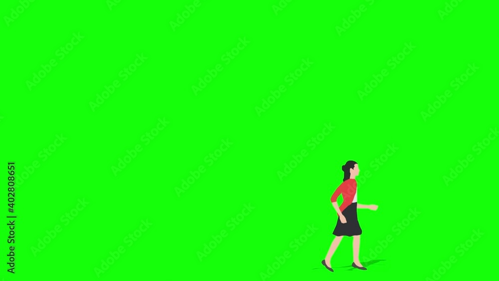 Animation of young woman walking through from left to right. Loop animation ( 4K video ). green background for background transparent use. Animation of young woman walking through from left to right. Loop animation ( 4K video ). green background for background transparent use.