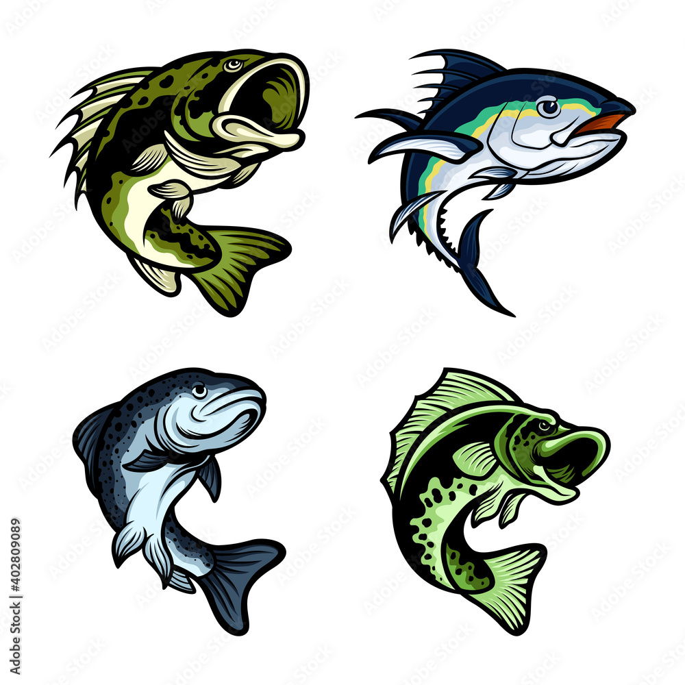 Obraz premium green and blue sea jumping fish, fishing character mascot illustration