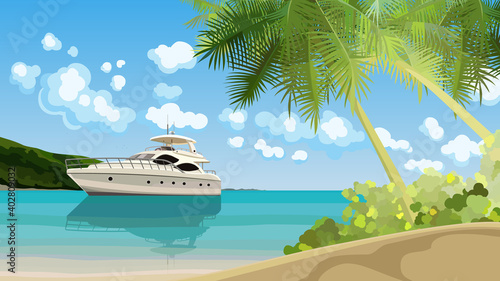 beautiful tropical seashore with palms and yacht in water