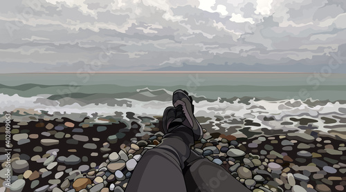 lying on the pebbly seashore in cloudy weather