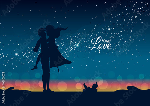 Silhouette of hugging couple in love  at night. Stars and city lights on the horizon. Happy Valentine's day, Romantic, Love concept. Vector illustration for card, poster, postcard.