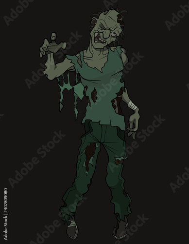 twisted cartoon scary zombie man in torn clothes