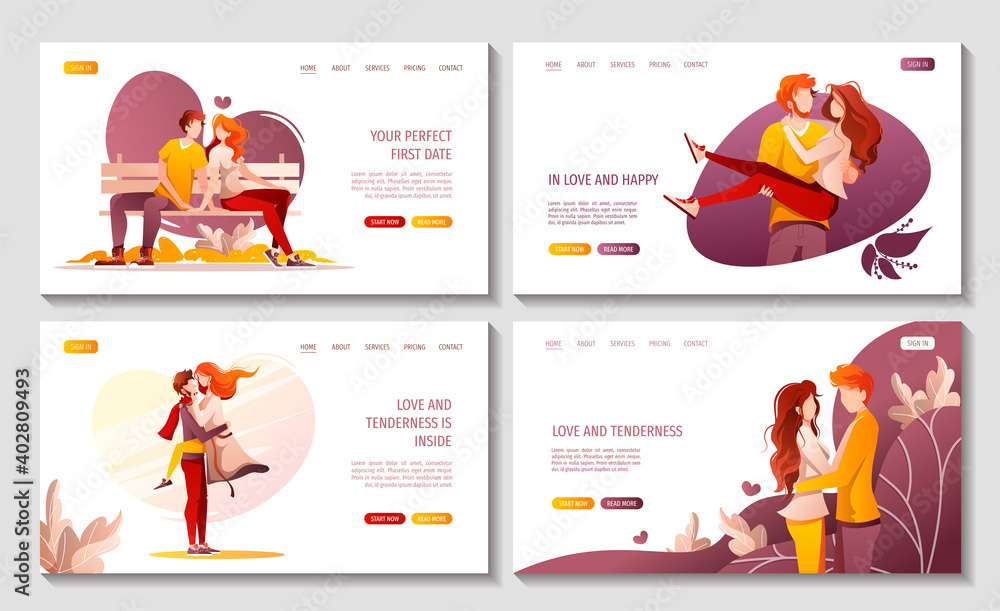 Set of web pages for Happy Valentine's Day with young couples in love. February 14 Romantic Relationship and Love concept. Vector illustration for banner, poster, card, website.