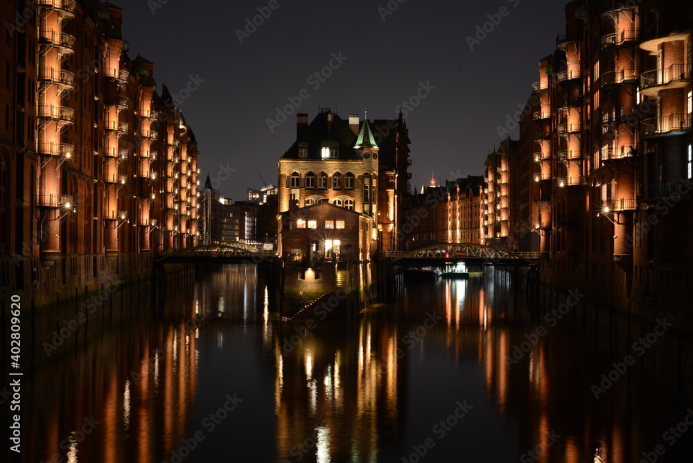 Speicherstadt in Hamburg at night.