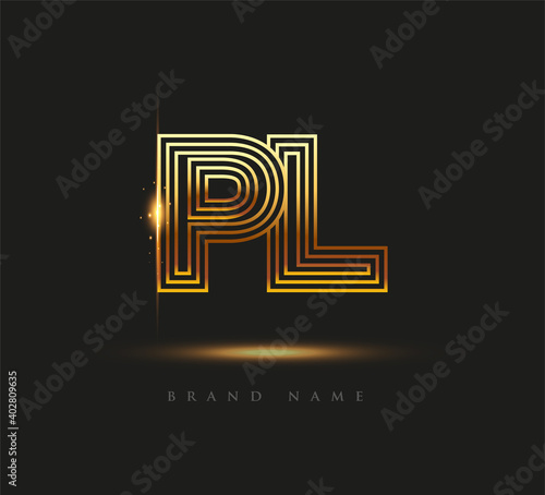 Initial Logo Letter PL, Bold Logotype Company Name Colored Gold, Elegant Design. isolated on black background.