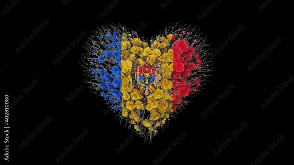 Moldova National Day. August 27. Statehood Day. Heart shape made out of flowers on black background. 3D rendering.
