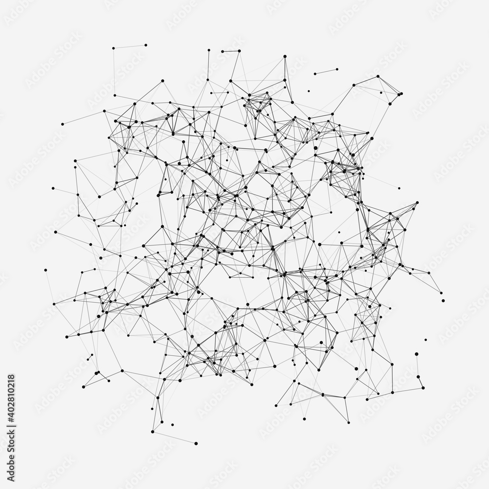 Network of bright connected dots and lines. Abstract dynamic wave of many points. Digital background. Vector.