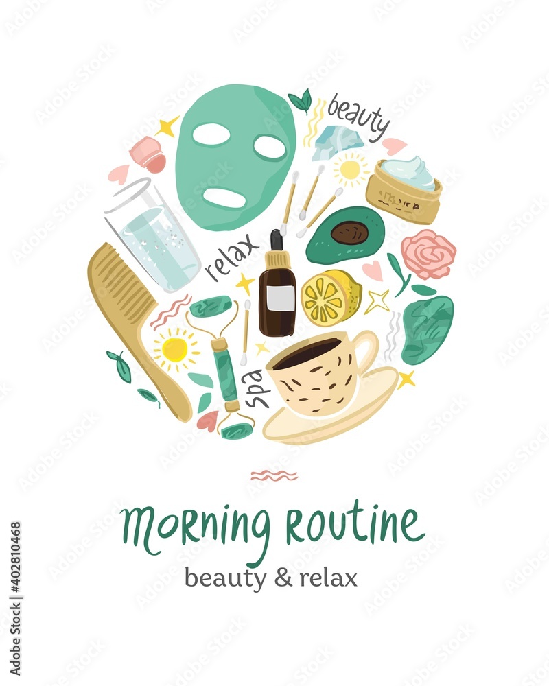 Elements and symbols of the morning routine are collected in the form of a circle isolated on white. Banner template about morning procedures for beauty, health, and peace of mind. Vector illustration Elements and symbols of the morning routine are collected in the form of a circle isolated on white. Banner template about morning procedures for beauty, health, and peace of mind. Vector illustration