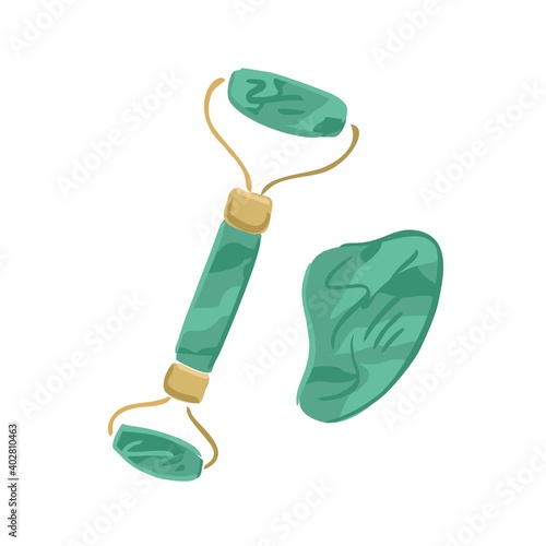 Roller massager and natural green jade scraper isolated on white. Modern elements of beauty, relaxation and face massage drawn by hand in the sketch style. Element of self-care. Vector illustration