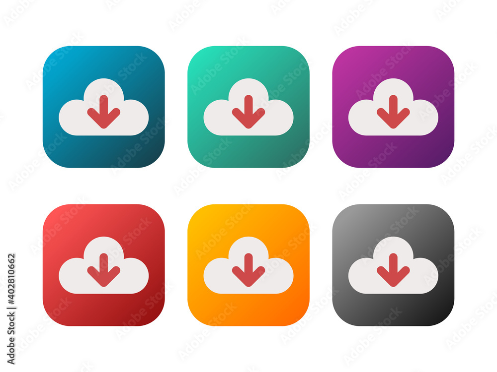 Fototapeta premium Download icon set in different colors. Colorful download button collection. Cloud storage upload. Load symbol on rounded rectangle with gradient. Arrow point down. Vector illustration, flat, clip art