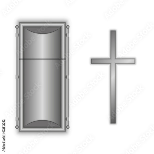 Closed coffin and catholic cross gray color realistic 3d vector model isolated on white background top view.