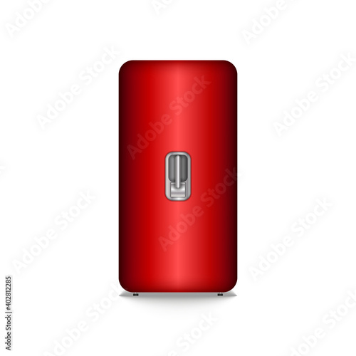 Red old closed home refrigerator with mechanical handle vector, 3d model for kitchen interior isolated on white.