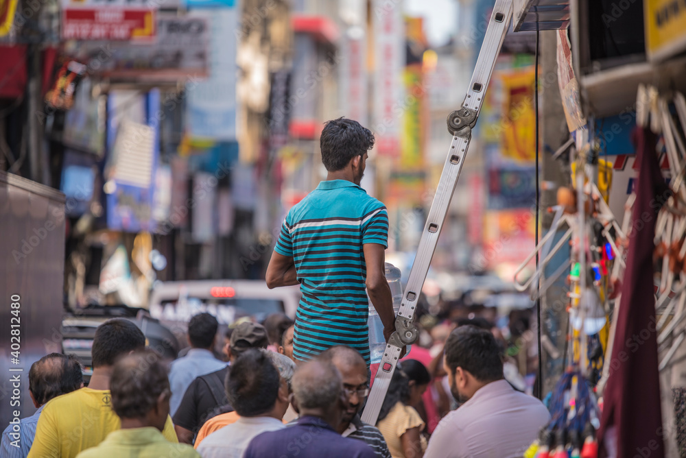 COLOMBO, SRI LANKA - APRIL 03, 2019: Street near the Pettah Market or Manning Market. Pettah Market located in the suburb of Pettah in Colombo, Sri Lanka.