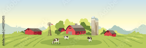 Abstract rural landscape with farm house. Vector illustration, fields and meadows and cow.
