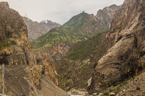 River Panj (Pyandzh) between Tajikistan and Afghanistan. Pamir Highway road carved in the left.