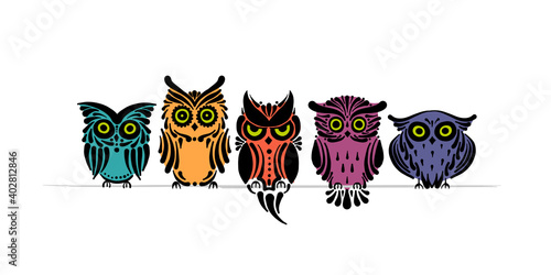 Cute owls family. Colorful style for your design