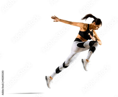Sporty woman running. Isolated on white background