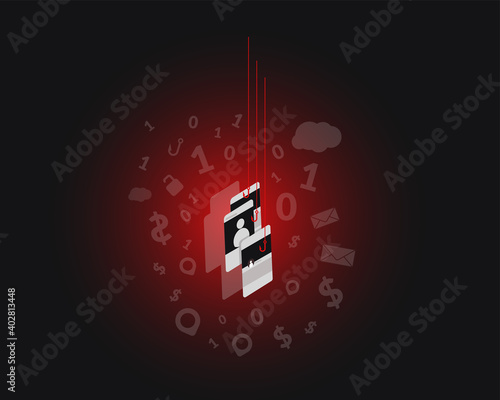 Phishing scam, hacker attack network and online internet security. Hacking credit cards, passwords and personal information.Cyber banking account attack and email phishing concept. Illustrator vector.