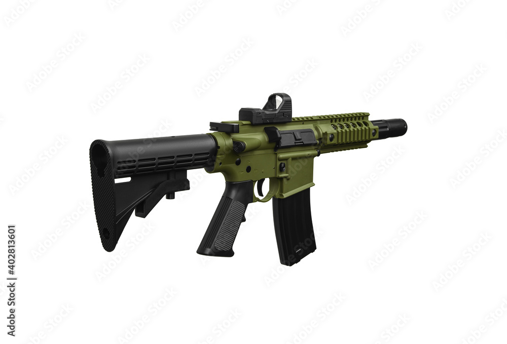 Air rifle isolate on a white back. A copy of a real military carbine. Weapons for sports and entertainment. Not a lethal weapon. Air rifle isolate on a white back. A copy of a real military carbine. Weapons for sports and entertainment. Not a lethal weapon.