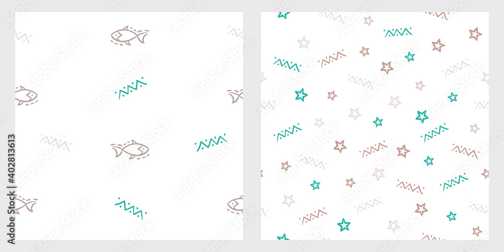Simple linear hand drawn pattern with stars, zigzag elements, scandinavian fish. Brown and emerald color. Vector seamless illustrations set on white background for invitation, wallpaper, packaging.
