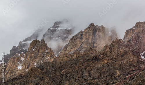 Rocky mountains in Jizev (Jizeu, Geisev or Jisev) valley in Pamir mountains, Tajikistan photo