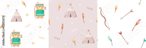 Vector seamless patterns collection with colorful feathers, bow, arrows, bears, teepee. Illustrations set in cartoon style. Good for children indian textile design projects.