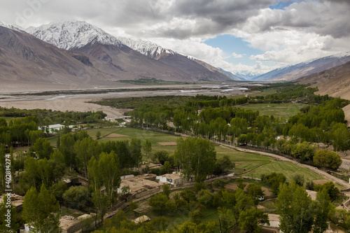 Aerial view of Vrang village in Wakhan valley, Tajikistan photo