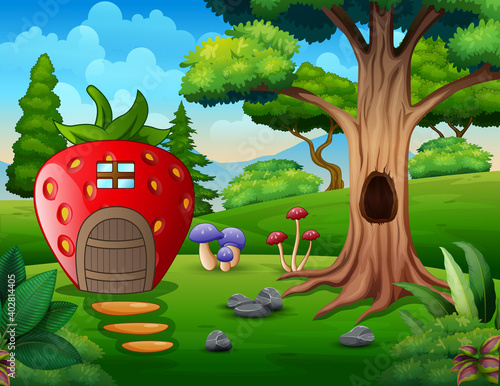 Cartoon strawberry house near the hollow tree