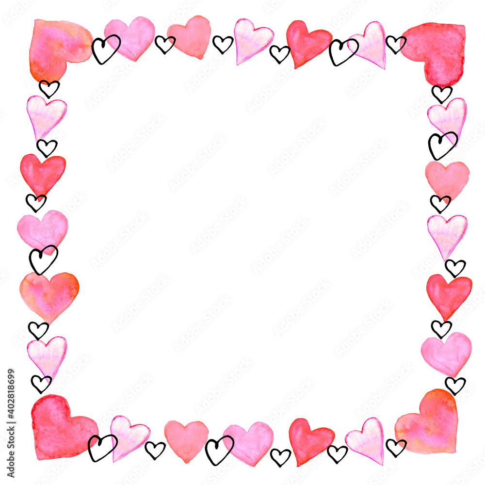Fototapeta premium Hand drawn square frame, border from watercolor hearts. Romance symbol of love, background, decoration for invitation, Valentine's day, greeting card, wedding