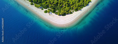 Aerial drone ultra wide photo of paradise destination bay with turquoise sandy beach